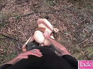 Bound girl gets outdoor bdsm fuck in forest