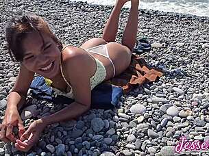 Asian beach whore gets rough anal fuckfest