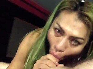 Asian ladyboy patty demonstrates doggy position with stockings