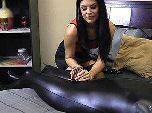 sexy black hair mature gives femdom cum control handjob