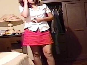 Hairy mature woman shows off in panties as maid films her masturbating