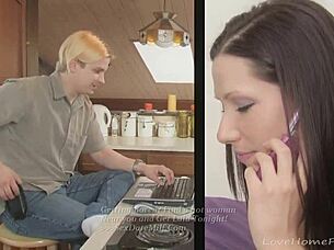 Blonde guy slams hot girlfriend's big tits in hotel room