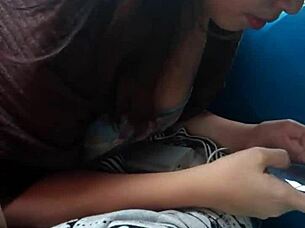 a ninja babe reveals her big tits voyeur style