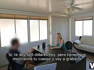Blonde teen in office interview offers blowjob for cash approval