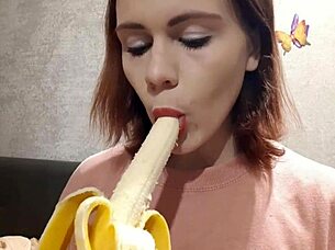 Casey Ven blows banana in redhead teen style!