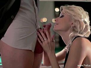 In the elegant setting, a brunette blonde cocksucker skillfully sucks and swallows a cumshot with classy handjob assistance.