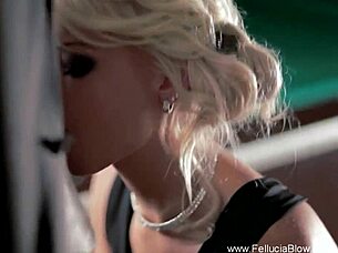 In the elegant setting, a brunette blonde cocksucker skillfully sucks and swallows a cumshot with classy handjob assistance.