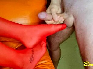 i watch the monster cock cum on my red sock feet during this fetish massage