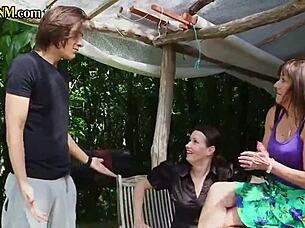 Cfnm cougars suck and jerk cocks outdoor in threesome action.