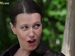 Cfnm cougars suck and jerk cocks outdoor in threesome action.