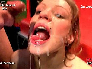 Best bukkake compilation featuring intense blowbang scenes with multiple guys covering her face in cum