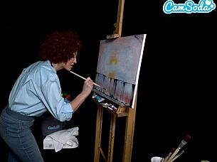 ryan keely cosplays bob ross in painting tutorial