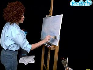 ryan keely cosplays bob ross in painting tutorial