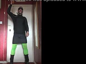 Masked Old Bisexual Crossdresser Swallows Own Pee