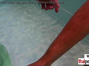 An Asian European couple enjoys pool fun and gets excited afterward.