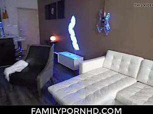 The thick teen rides her stepdad's big cock in the bedroom