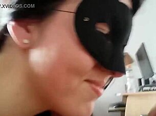 She sucks on large testicles while getting ready for doggystyle action