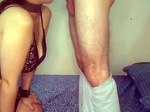 young submissive girl sucking and offering her pussy to her owner in close up