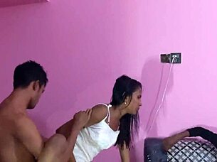 Two Cute Sexy Girls Fuck Her Stepbrother Hard in Homemade Threesome, Moaning with Pleasure.