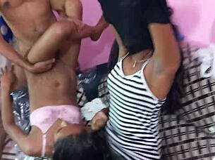 Two Cute Sexy Girls Fuck Her Stepbrother Hard in Homemade Threesome, Moaning with Pleasure.