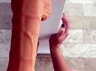 hairy woman trains with dildo for intense fucking masturbation