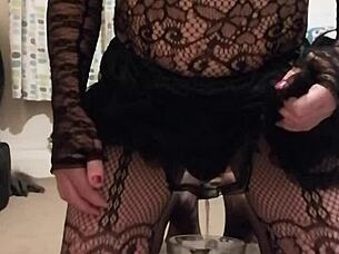 Girlfriend in Stockings Squirts Pussy Filling Piss Jug