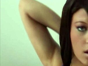 Brunette babe in lingerie puts cuffs on naughty boy, teasing with panties