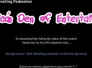 Bra and panties match in strip-wrestling match where loser gets diapered