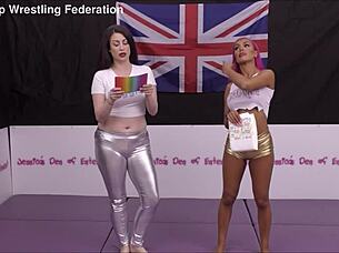 Bra and panties match in strip-wrestling match where loser gets diapered