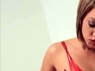 Brunette babe in lingerie puts cuffs on naughty boy, teasing with panties