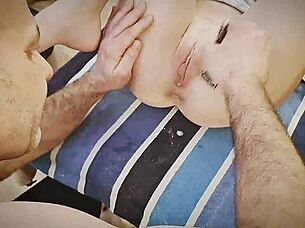 Gently shaving her smooth pussy for fun