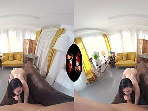 Pretty latina babe receives cum on her face in vr reality