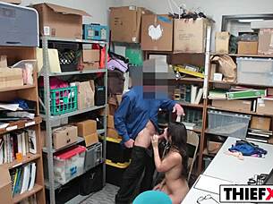 Nubile cutie thief punished with blowjob in garage. Big cock burglar fucks her ass hard.