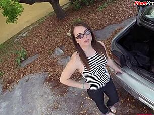 Watch this petite pawnshop babe get fucked hard before a facial! She's sucking and masturbating outdoors!