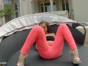 Cute girl Tina pleasures her moist pussy with big toys intensely