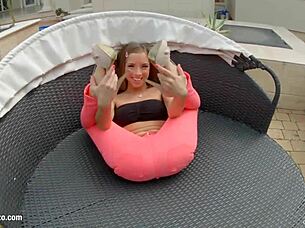 Cute girl Tina pleasures her moist pussy with big toys intensely