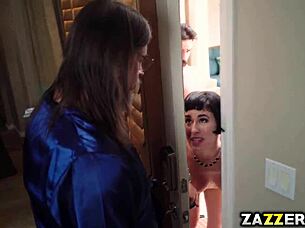 brunette in stockings poses for photographer