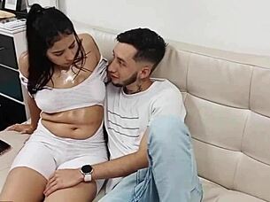 She arrives sweaty from the gym with her big tits nipples showing, I start sucking those tits and make her suck my dick