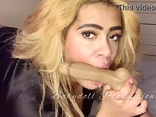 Babe Sucks Dildo While Masturbating Pussy to Orgasm