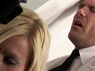 horny security guard finally bangs busty slut on the couch