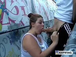 Amateur BBW Sucks Big Cock and Gives Handjob in the Street