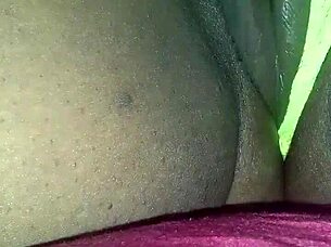 my pretty ebony wife fingers her wet shaved pussy