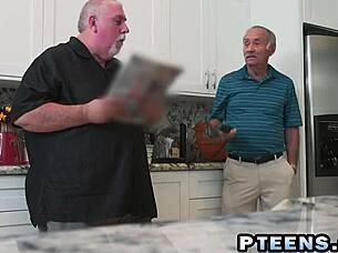 Old stud receives blowjob from teen whore.