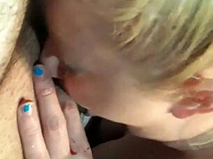 hot blonde wife gives deepthroat blowjob to cock