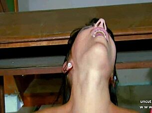dark haired french teacher banged with cum in mouth 😈