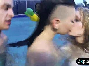 Two girls in bikinis by the pool