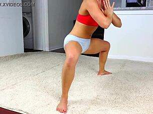 Blonde teen performs cute yoga poses in clothes.
