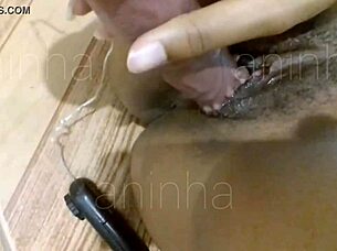 Pounding dildo into tight ebony pussy recorded first time using toys