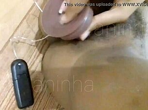 Pounding dildo into tight ebony pussy recorded first time using toys