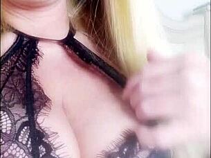 Sexy milf in blue lingerie fucks dildo on cellphone video 😘